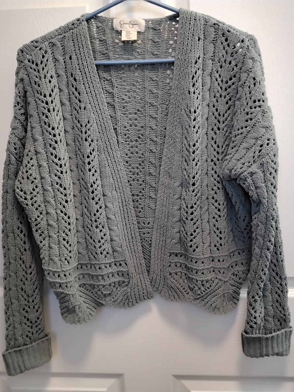 Jessica Simpson Sage Green Open Knit Cropped Chenile Open Front Cardigan Size M